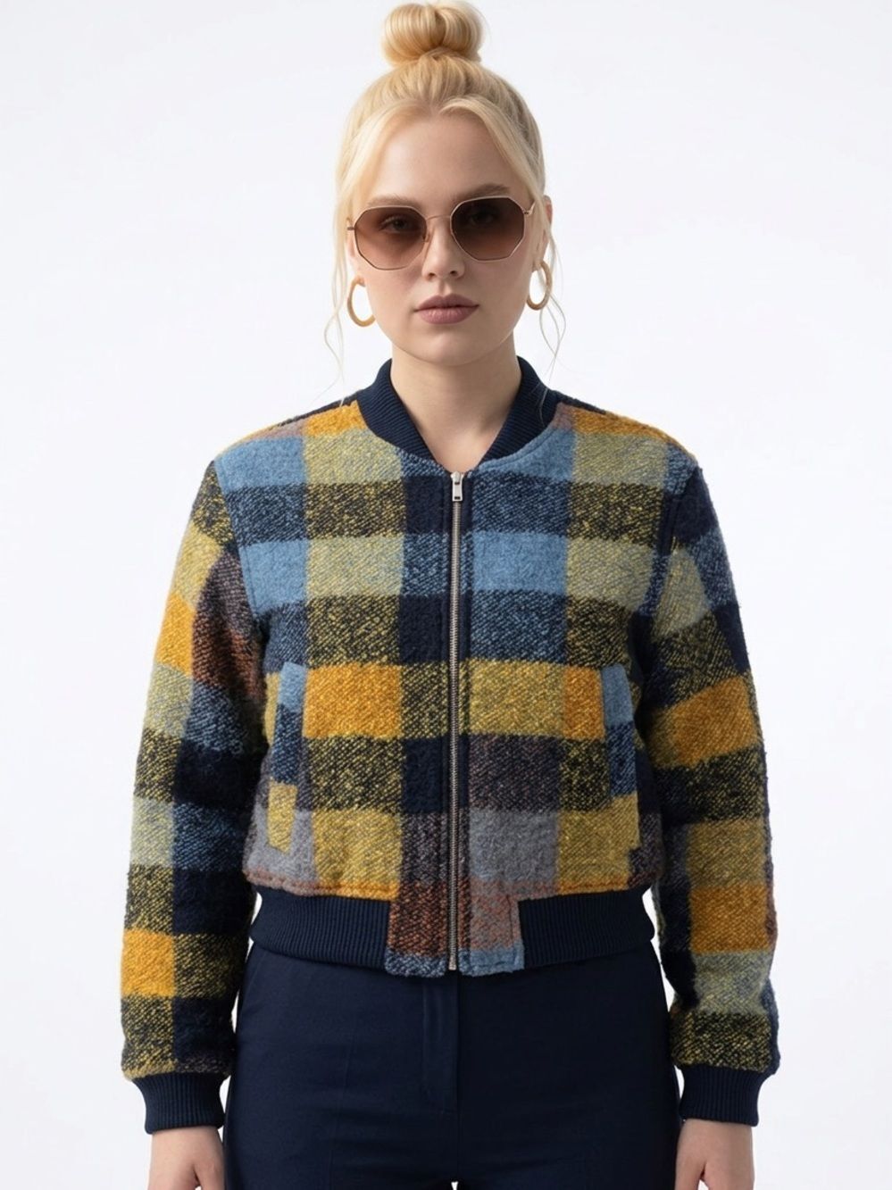 HOUSE OF HARLOW | Wool Blend Bomber Style Plaid Jacket Blue Women’s Size Medium